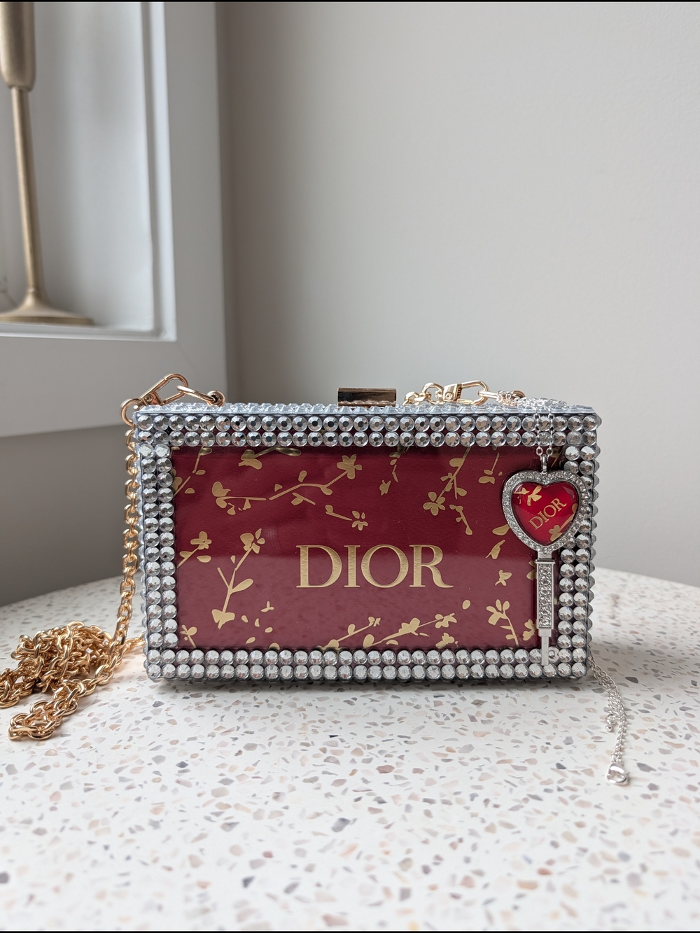 Upcycled Red Crystal-Edged Minaudière with Heart Key Charm - Picture 5 of 5